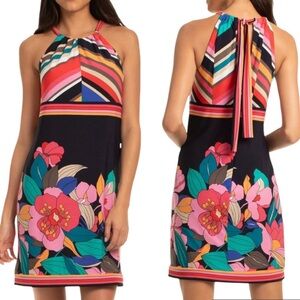 Trina Turk Vacaciones Jet Set Floral Halter Tie Back Jersey Knit Mini Dress - XS